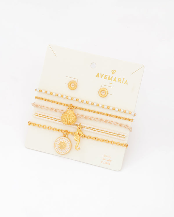Set X4 Pulseras Caballito Mar + Aretes