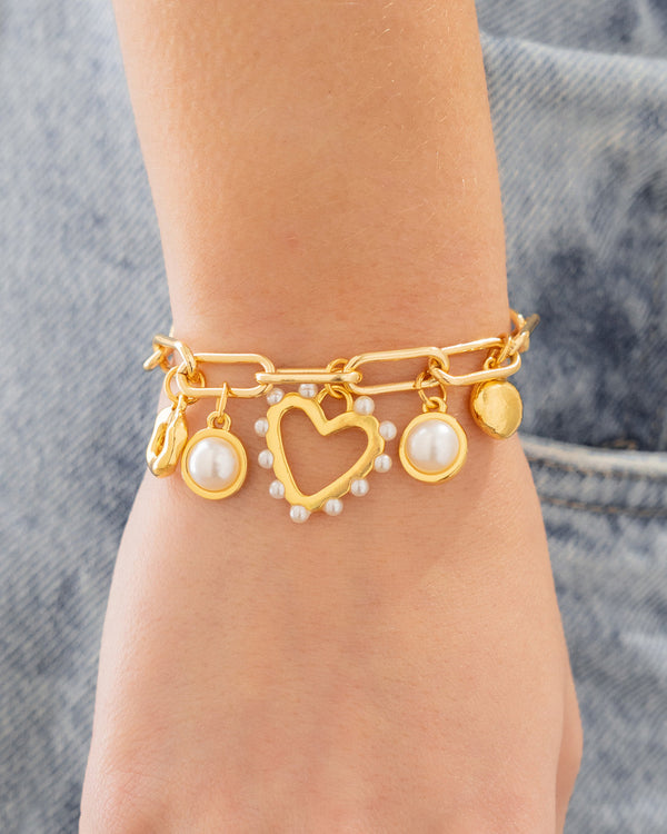Pulsera Multicharms Corazón Perla + Aretes