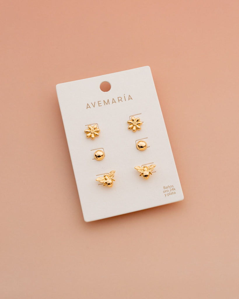 Set X3 Aretes Flor Y Abeja