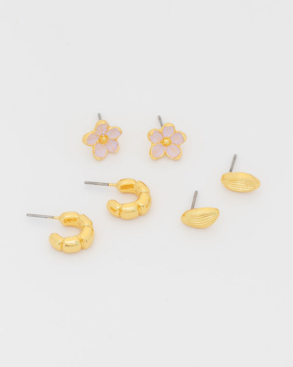 Set X3 Aretes Hoja Y Flor
