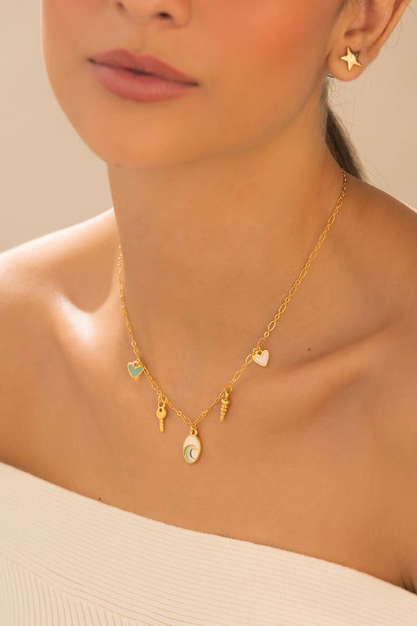 Collar Multicharms Playa Corazón + Aretes