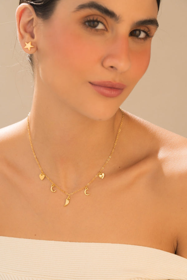 Collar Multicharms Luna Corazón + Aretes