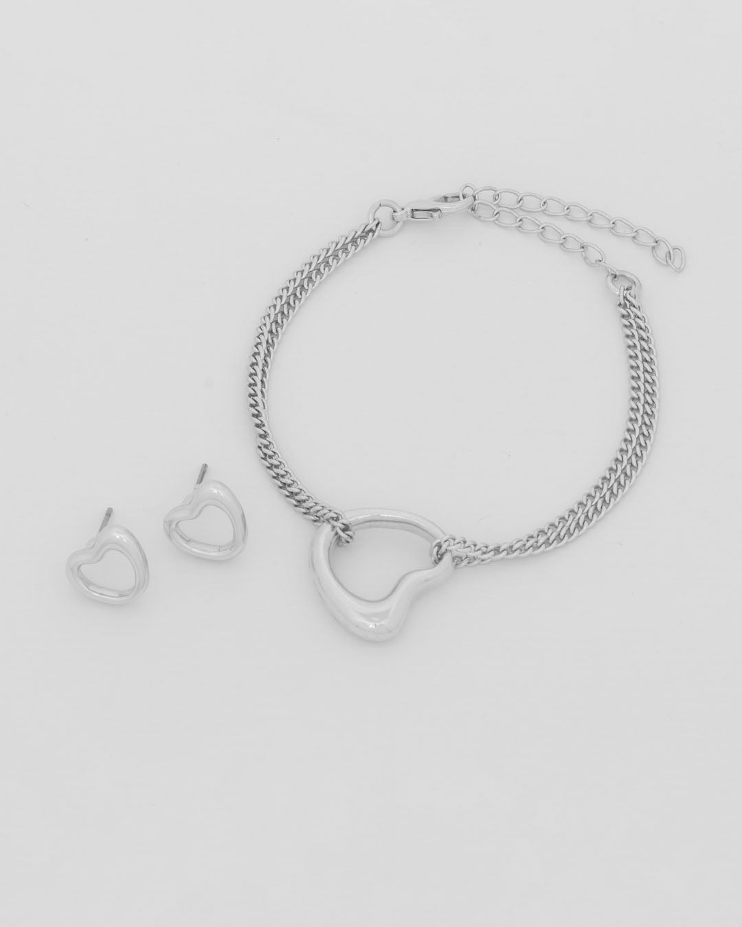 Pulsera + Aretes Corazón Amorfo Plata
