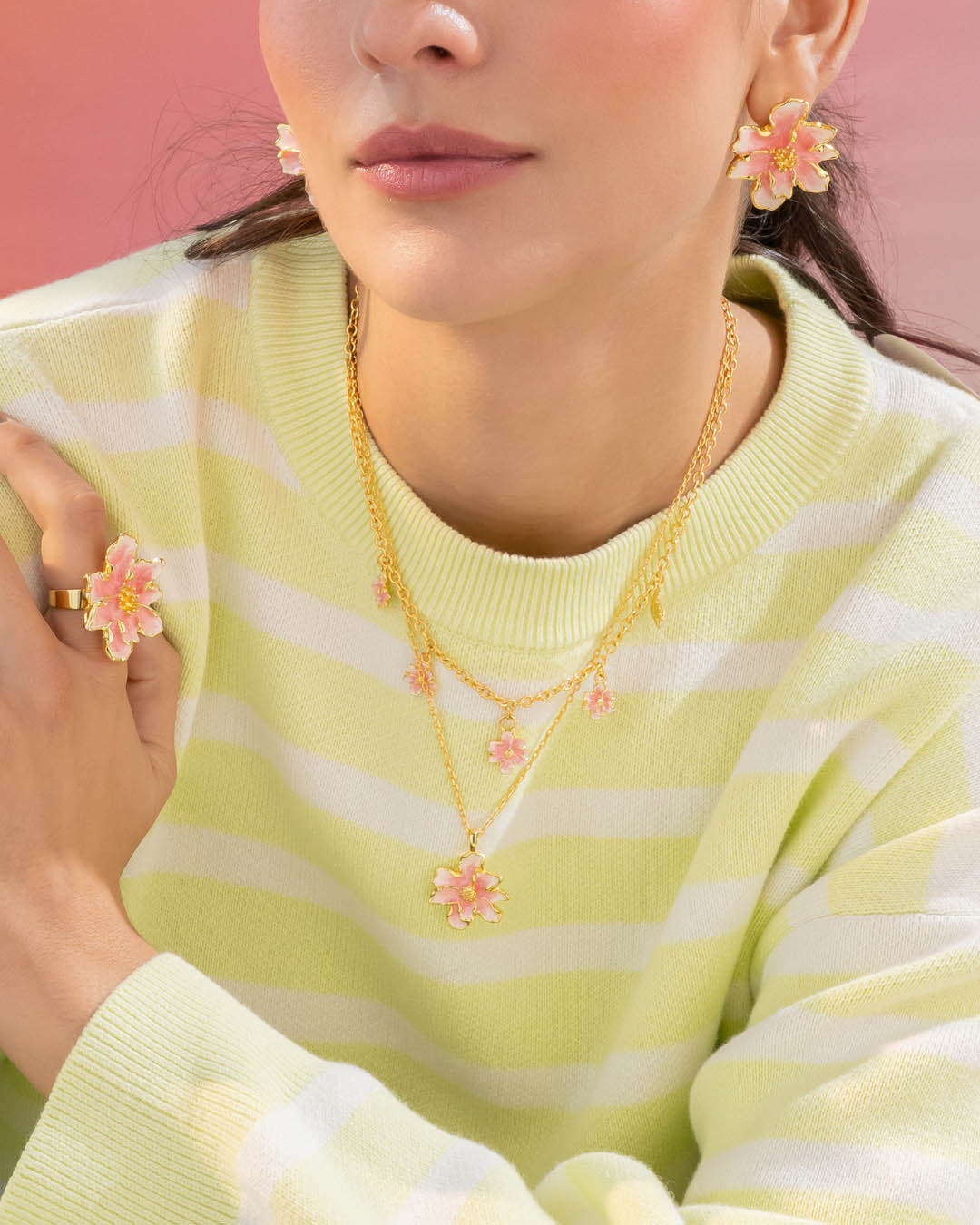Collar Multichars Mini Flores Rosa