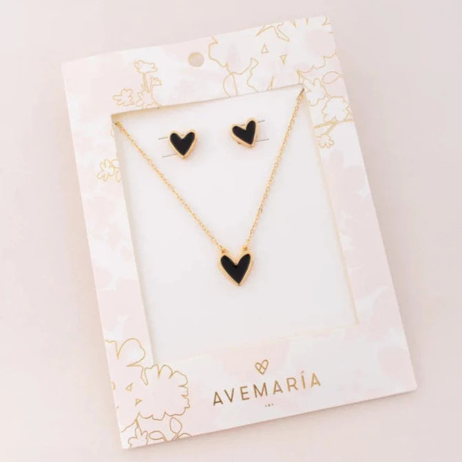 Set Cadena + Aretes Corazón negro mini