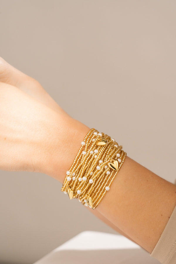 Pulsera Mostacillas Y Corazones + Aretes