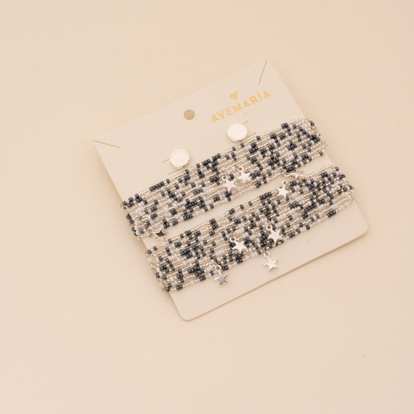 Set De 2 Pulseras Tejidas Con Dije De Estrellas + Aretes