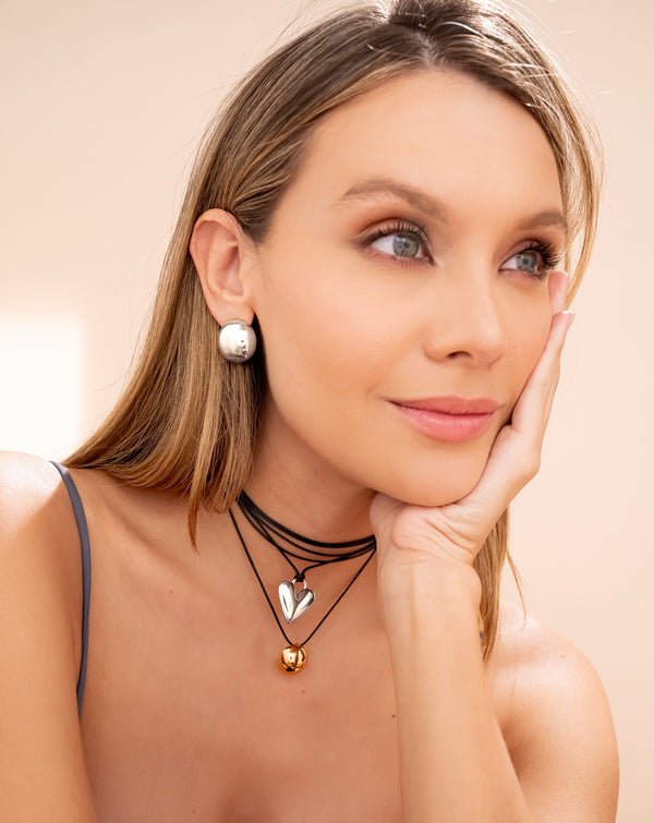Cuerito Con dije De Corazón silver + Aretes