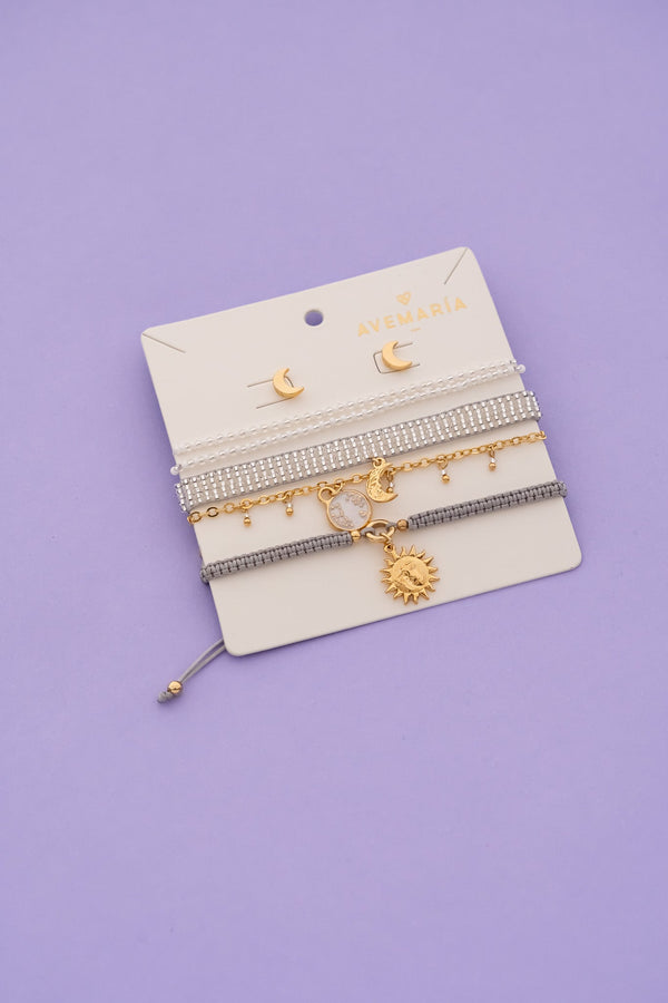 Set Pulseras Con Dijes de Sol Y Luna + Aretes