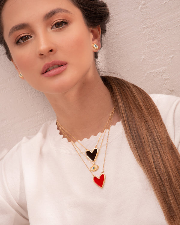 Set Cadena + Aretes Corazón Negro