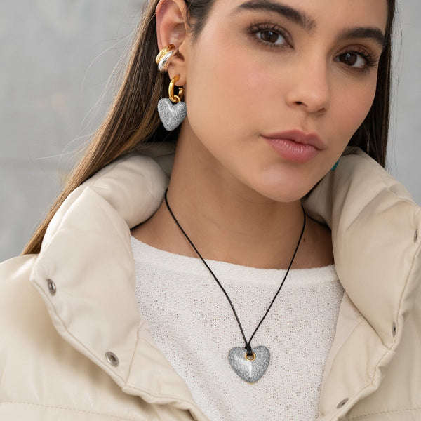 Cuerito Corazón silver Escarchado + Aretes